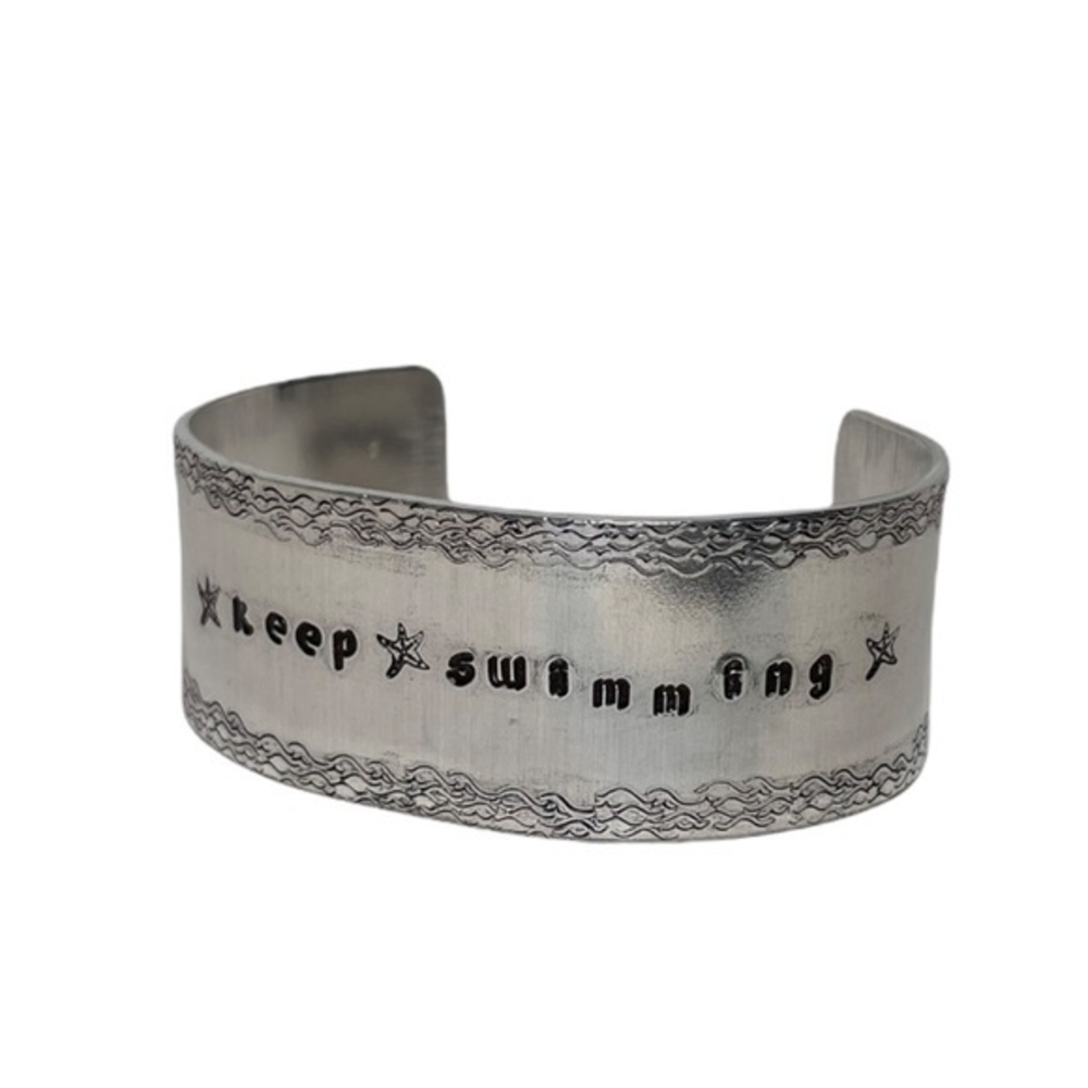 Handmade stamped ocean starfish keep‎ swimming wide adjustable cuff bracelet